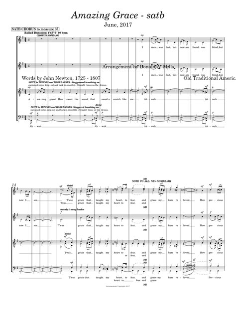 Amazing Grace Sheet Music For Soprano Alto Tenor Bass Voice Mens Choir