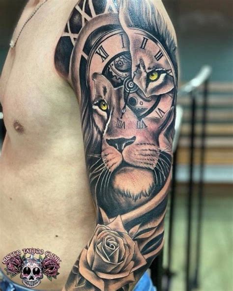 Tattoo Leão relógio trincado e rosa fechamento de braço Tatuagem