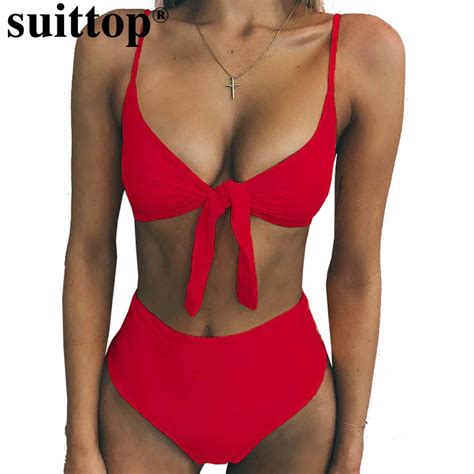 Suittop Bikini Red High Waist Bikini Set Solid Swimsuits Adjust Shoulder Strap Swimwear