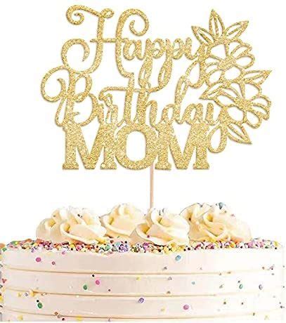 Happy Birthday Mom Cake Topper Premium Gold Glitter Flower Mothers