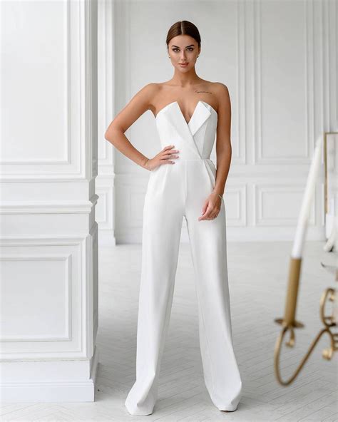 White Formal Jumpsuit Womens Bridal White Jumpsuit Women Etsy