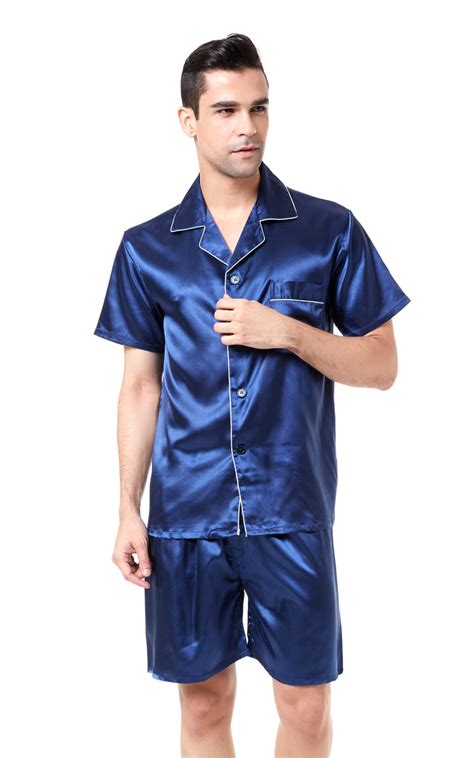 Mens Silk Satin Pajama Set Short Sleeve Navy Blue With White Piping