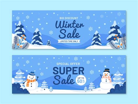 Conjunto De Banners De Venta Horizontal De Invierno Plano Vector Gratis