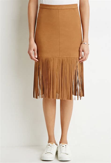 Forever Fringed Faux Suede Skirt In Brown Lyst