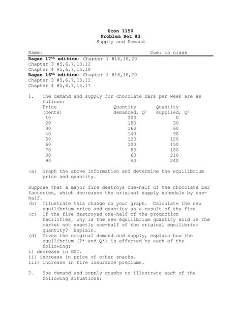 Econ 103 Assignment 5 Econ 1150 Problem Set Supply And Demand Name