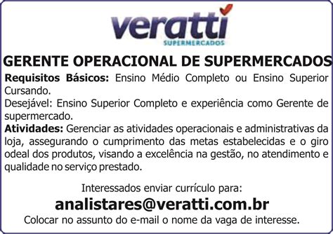 Jornal Meu Emprego MS Vaga GERENTE OPERACIONAL DE SUPERMERCADOS