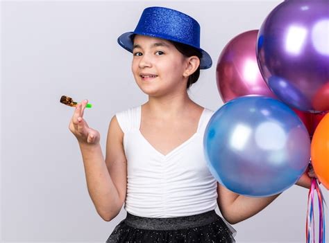 Heureuse Jeune Fille Caucasienne Avec Un Chapeau De F Te Bleu Tenant