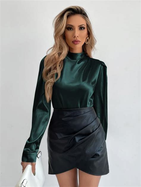 Shein Privé Satin Mock Neck Puff Sleeve Blouse For Sale Australia New