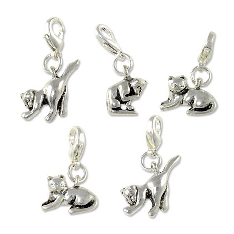 Silver Plated Cat Charms With Lobster Clasp 5 Pcs