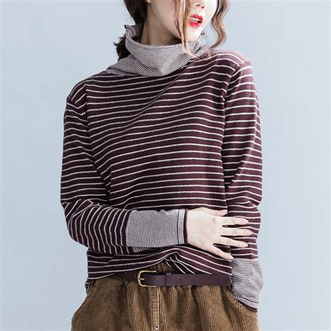 Autumn Winter Korean Turtleneck Striped Sweater Women Long Sleeve Loose