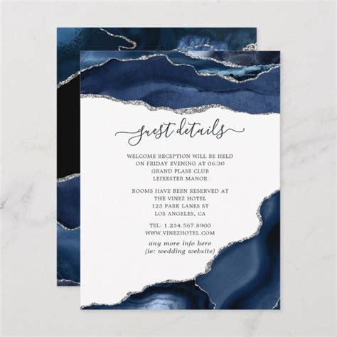 Navy And Silver Agate Wedding Guest Details Enclosure Card Zazzle