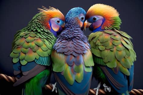 Un grupo de pájaros con plumas verdes azules y amarillas brillantes