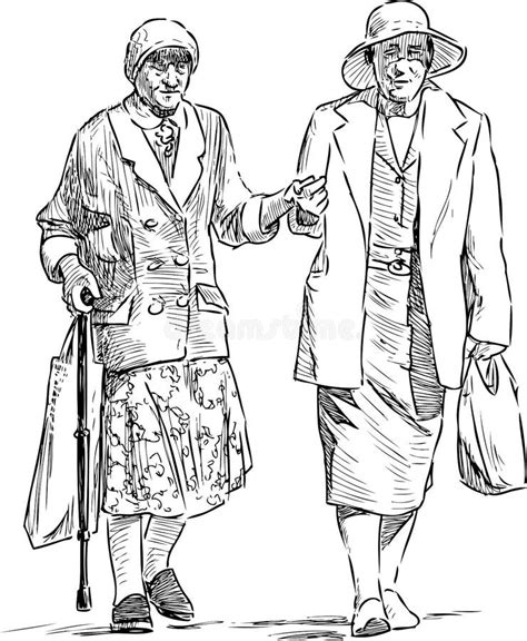 Sketch Of Elderly Women Friends Going Together On A Stroll Stock Vector