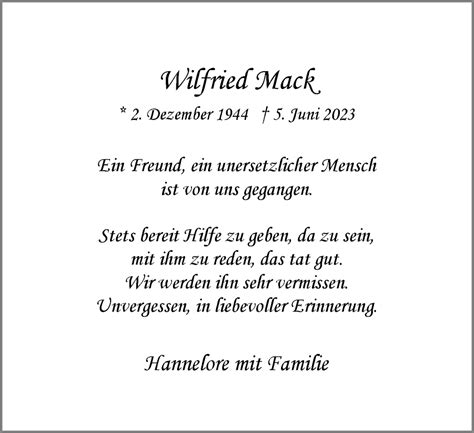 Traueranzeigen Von Wilfried Mack Trauer In Nrw De