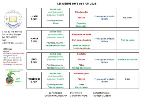 Menus du 5 au 9 juin Collège Raymond Queneau