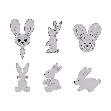 Rabbits In Different Poses And Styles Bunny Set Character Gray