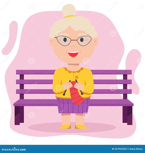 Grandmother Knits Sitting On A Bench Elderly People Stock Vector