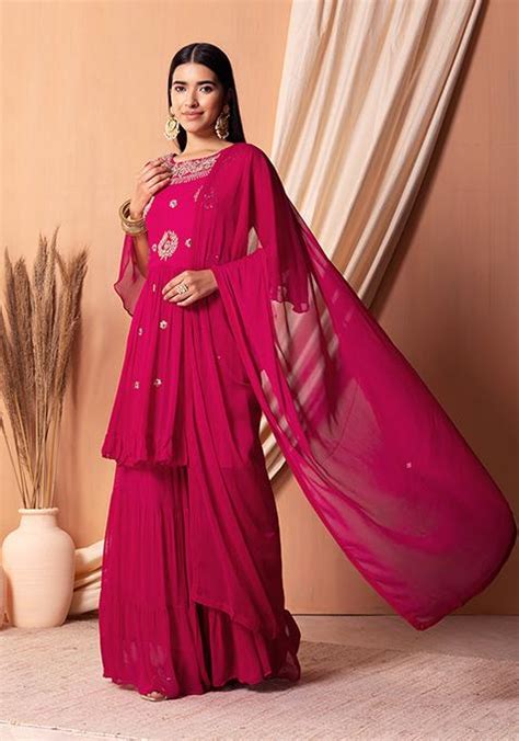 Buy Women Hot Pink Zari Embroidered Sharara Set With Kurta And Dupatta