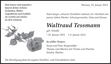 Traueranzeigen Von Waltraud Tessmann Zeit Des Gedenkens De