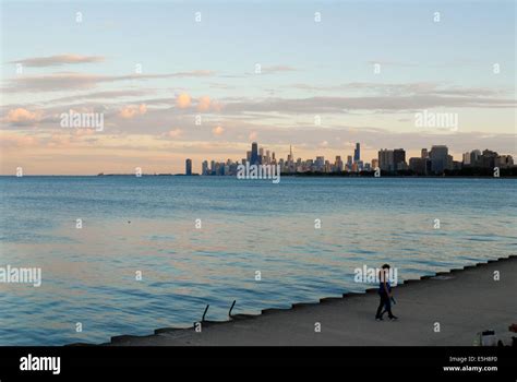 Chicago skyline and Lake Michigan at sunset, Chicago, Illinois Stock ...