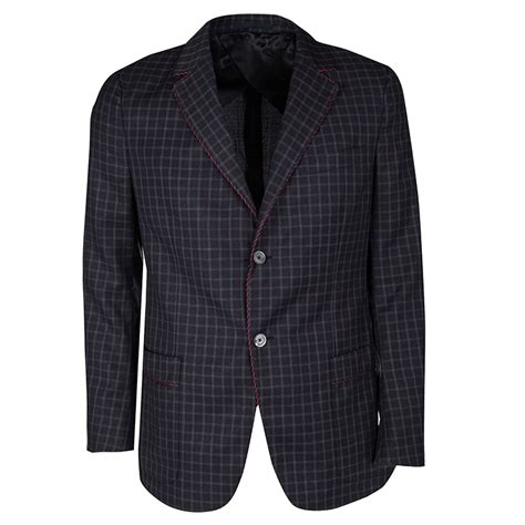 Gucci Navy Blue Checkered Wool Contrast Piping Detail Regular Fit