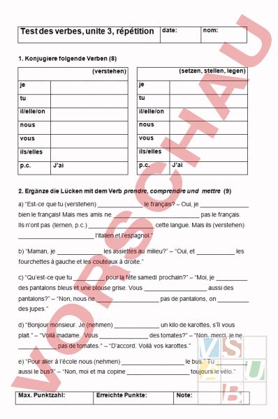 Arbeitsblatt Test envol 7 unité 3 Französisch Grammatik