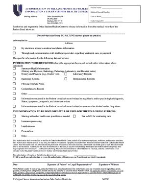 Duke Release Information Fill Online Printable Fillable Blank