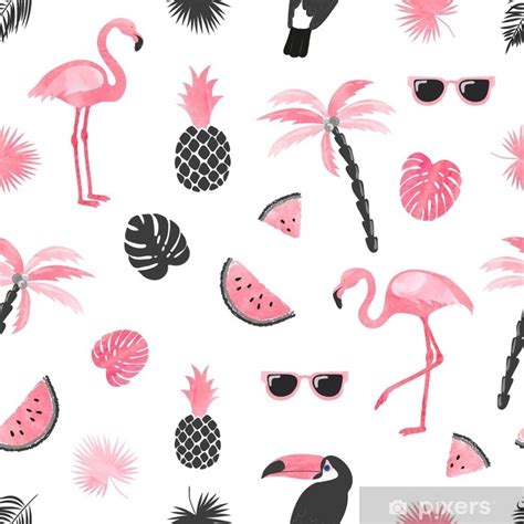 Plush Blanket Seamless Tropical Trendy Pattern With Watercolor Flamingo