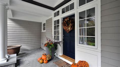 Dark Blue Front Door With Gray Siding