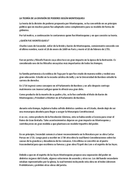 La Teoría De La División De Poderes Según Montesquieu Pdf