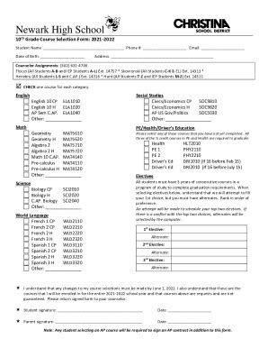 Fillable Online Th Grade Course Selection Form Fax Email