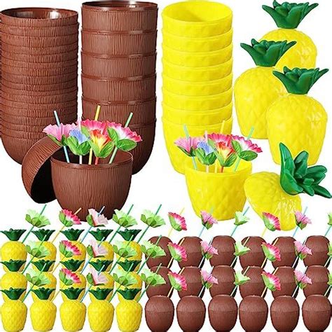 72 Pcs Tropical Pineapple Coconut Cups Plastic Hawaii Drink Cups With