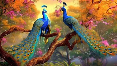 Tree Top Peacocks With A Burst Of Colors Against A Stunning Natural Backdrop Created Through 3d