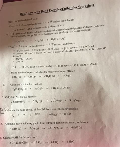 Bond Enthalpy Problems Worksheet With Answers