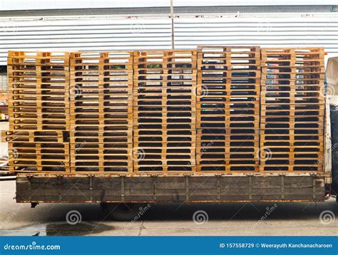 Wooden Pallets Stack On The Truck At The Freight Cargo Warehouse For