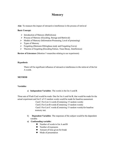 Memory Practical Outline 2023 Memory Aim To Measure The Impact Of