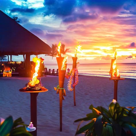 Premium AI Image | Hawaii luau beach party at sunset Hawaiian tiki ...