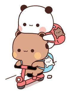 A Cartoon Bear Riding A Scooter With A Cat On It S Back