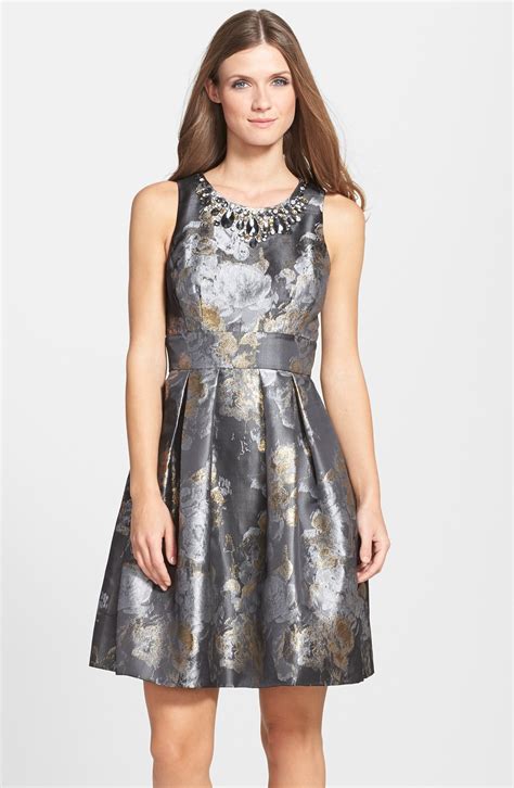 Eliza J Embellished Metallic Jacquard Fit And Flare Dress Nordstrom