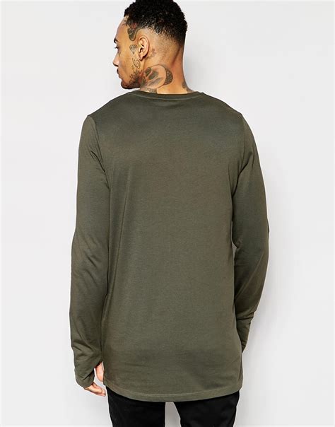 Asos Longline Long Sleeve T Shirts With Thumbholes In Khaki In Green