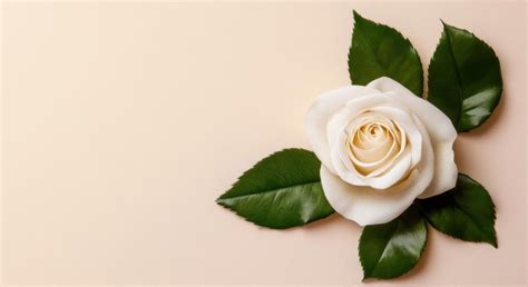 single white rose  green leaves  beige background  single white
