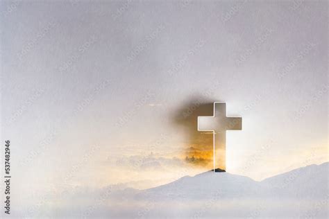 Silhouette of christian cross on mountain hill background. Copy space ...