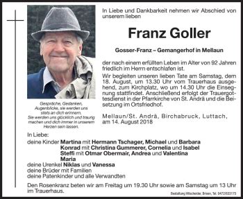 Traueranzeigen Von Franz Goller Trauer Bz