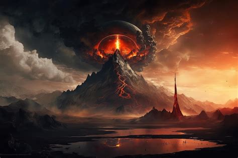 Paisagem de mordor vulcão fumegante ao fundo Foto Premium