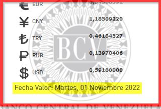 BCV Cambio de referencia y para transacciones desde el sábado 29 hasta