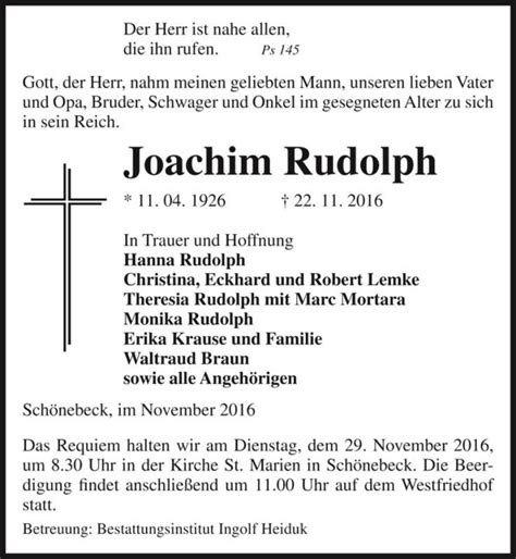 Traueranzeigen Von Joachim Rudolph Abschied Nehmen De