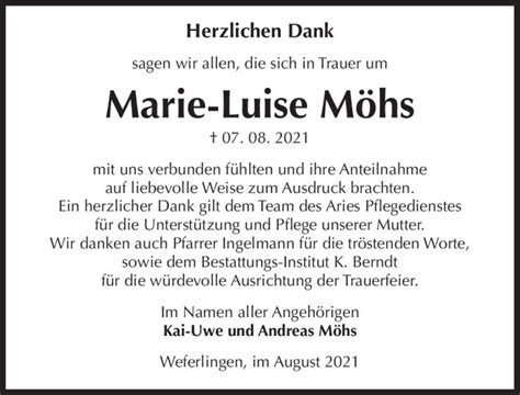 Traueranzeigen Von Marie Luise M Hs Abschied Nehmen De