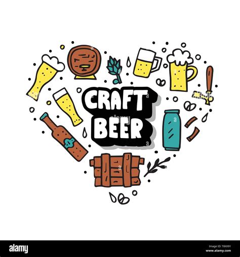 Handwerk Bier Herz Konzept Pub Elemente In Doodle Style Set Symbole