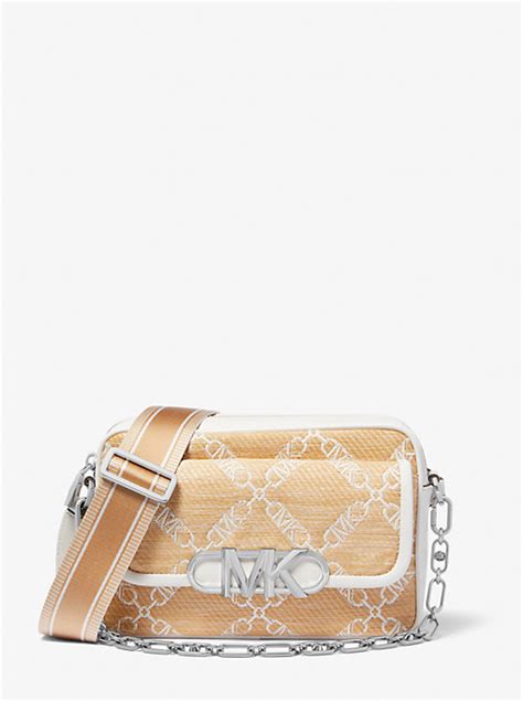 Michael Kors Parker Medium Empire Logo Jacquard Straw Crossbody Bag