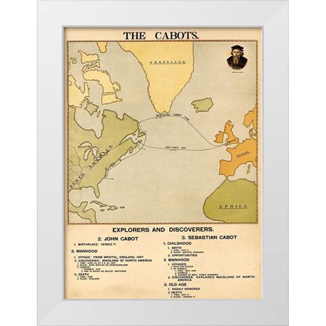 Vintage Maps 24x32 White Modern Wood Framed Museum Art Print Titled The Voyages Of John And